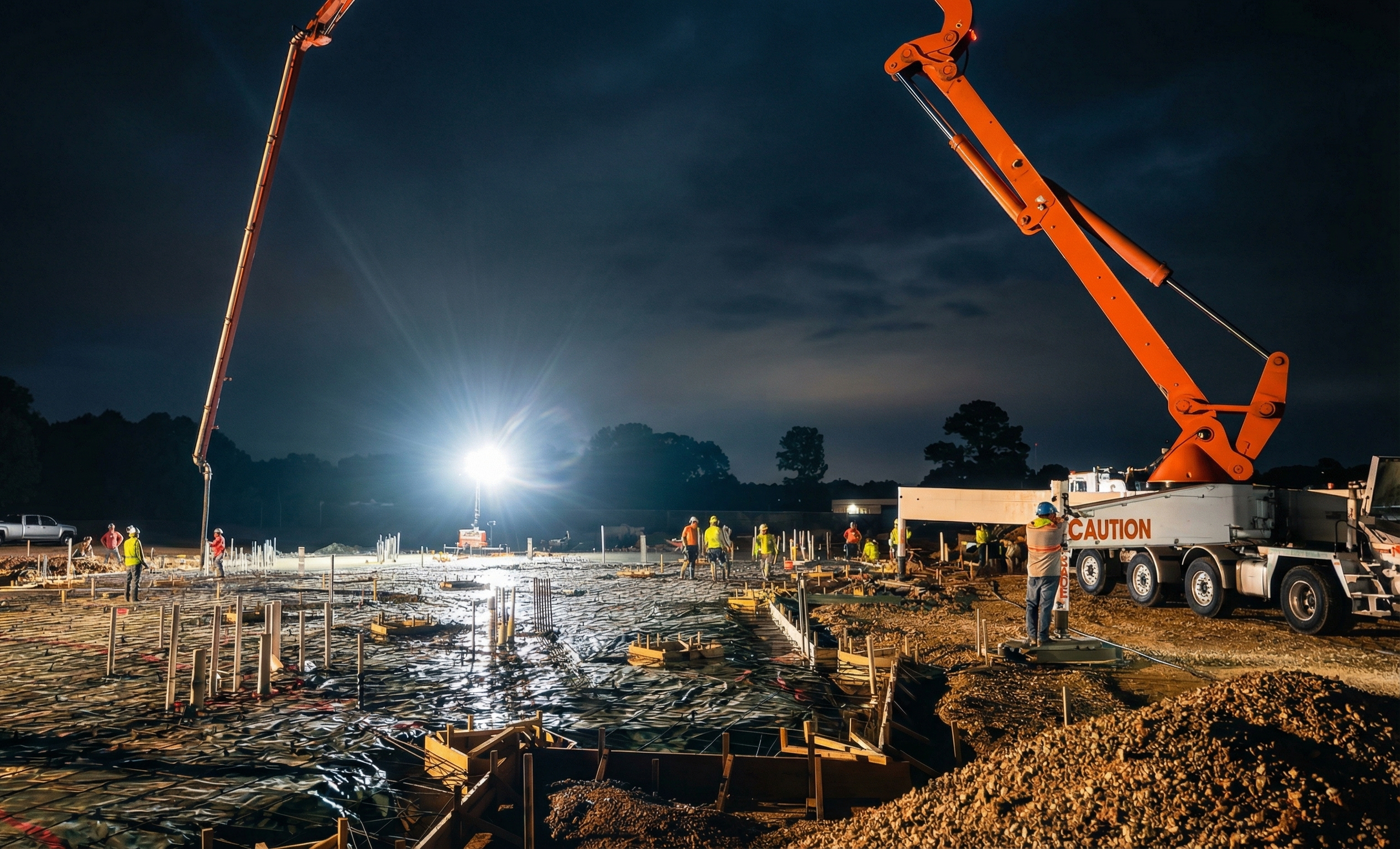 Trillium crew placing a drilled-pier foundation at night with a concrete pump and crane on a DFW commercial site